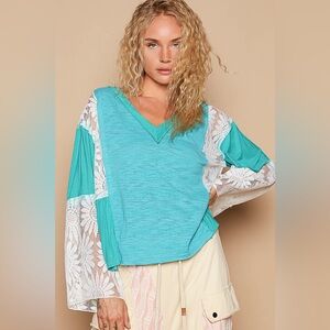Teal Lace Sleeve Women's Top